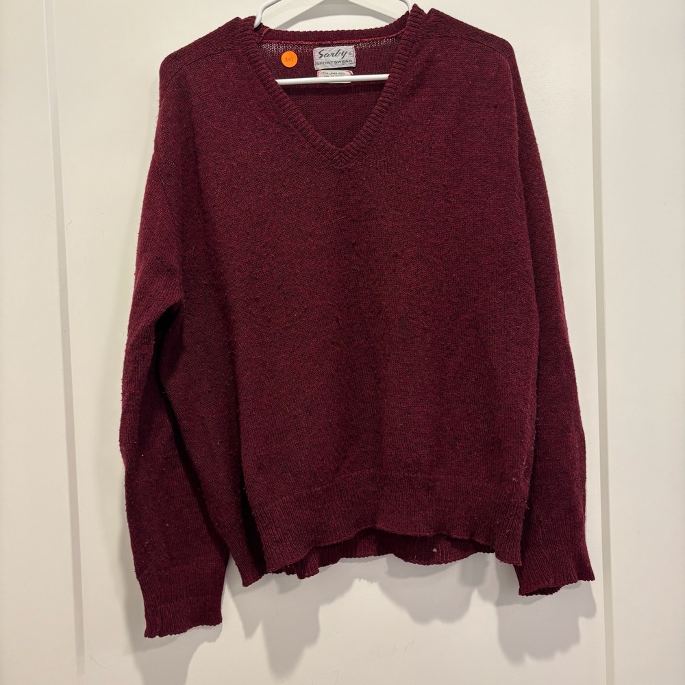 Vintage‎ Sarby Sportswear Burgundy Lambswool Blend V-Neck Sweater Men's L